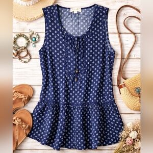 Luna Moon Boho Peplum Tank Top Medium Navy Blue Floral Sleeveless Summer Blouse
